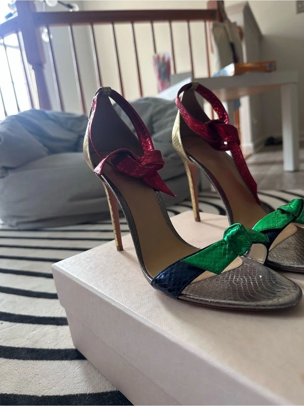 Alexandre Birman Metallic Silver Heels with Red & Green Bows